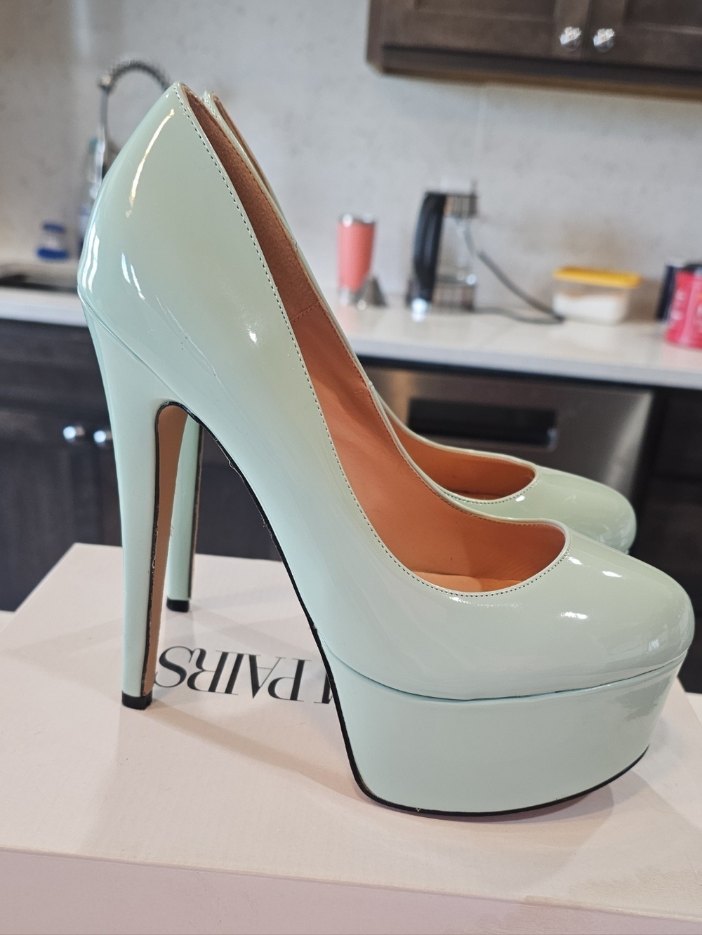 Patent Platform Stiletto Pumps in Mint Green